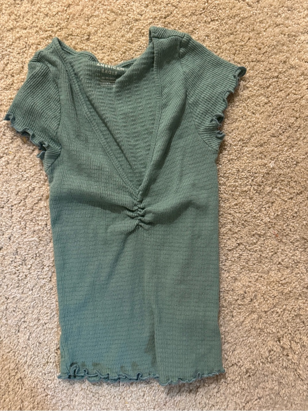 American Eagle Outfitters Sage Green Ruched V-Neck Ribbed Tee